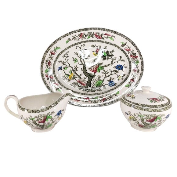 Johnson Brothers Indian Tree Green Key Platter Creamer Sugar Bowl Set Vintage Fl - Picture 1 of 16